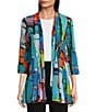 Ali Miles Printed Mesh Inset 3/4 Sleeve Open-Front Kimono, Color:Abstract Multiple - Image 1