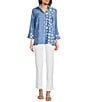 Ali Miles Printed Wire Collar 3/4 Sleeve Button-Front Tunic, Color:Blue - Image 3
