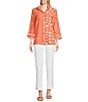 Ali Miles Printed Wire Collar 3/4 Sleeve Button-Front Tunic, Color:Coral - Image 3
