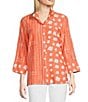 Ali Miles Printed Wire Collar 3/4 Sleeve Button-Front Tunic, Color:Coral - Image 1