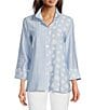 Ali Miles Printed Wire Collar 3/4 Sleeve Button-Front Tunic, Color:Chambray - Image 1
