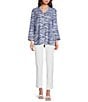 Color:White Blue - Image 5 - Printed Woven Collar Neck 3/4 Sleeve Button Front Tunic
