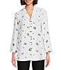 Color:White - Image 1 - Printed Woven Collar Neck Button Front 3/4 Sleeve Tunic
