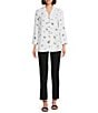 Color:White - Image 5 - Printed Woven Collar Neck Button Front 3/4 Sleeve Tunic