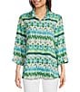 Color:Multi - Image 1 - Printed Woven Linen Blend Point Collar 3/4 Sleeve Button Front Tunic