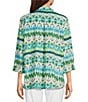 Color:Multi - Image 2 - Printed Woven Linen Blend Point Collar 3/4 Sleeve Button Front Tunic