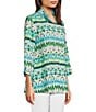 Color:Multi - Image 3 - Printed Woven Linen Blend Point Collar 3/4 Sleeve Button Front Tunic