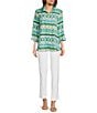 Color:Multi - Image 5 - Printed Woven Linen Blend Point Collar 3/4 Sleeve Button Front Tunic