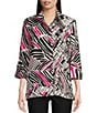 Color:Black/White - Image 1 - Printed Woven Wire Collar 3/4 Cuffed Sleeve Button Front Tunic