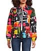 Ali Miles Reversible Abstract Print Quilted Stand Collar Long Sleeve High-Low Zip Front Jacket, Color:Abstract Multi - Image 1