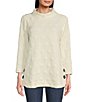 Color:Winter White - Image 1 - Solid Textured Dot Print Funnel Neck 3/4 Sleeve Button Side Detail Knit Tunic
