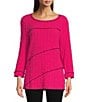 Color:Fuchsia - Image 1 - Solid Woven Contrast Stitch Round Neck 3/4 Sleeve Tunic