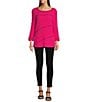 Color:Fuchsia - Image 3 - Solid Woven Contrast Stitch Round Neck 3/4 Sleeve Tunic
