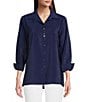Color:Navy - Image 1 - Solid Woven Crinkled Point Collar 3/4 Sleeve Curved Hem Button Front Tunic