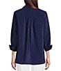 Color:Navy - Image 2 - Solid Woven Crinkled Point Collar 3/4 Sleeve Curved Hem Button Front Tunic