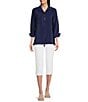 Color:Navy - Image 3 - Solid Woven Crinkled Point Collar 3/4 Sleeve Curved Hem Button Front Tunic