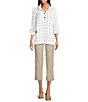 Ali Miles Stripe Dotted Geometric Linen Blend Wire Collar 3/4 Roll-Tab Sleeve Tunic, Color:French Almond - Image 5