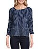 Ali Miles Texture Jacquard Blue Mist Print Round Neck 3/4 Sleeve Pullover Top - Image 1