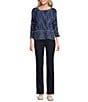 Ali Miles Texture Jacquard Blue Mist Print Round Neck 3/4 Sleeve Pullover Top - Image 3