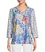 Color:Blue Print - Image 1 - Textured Knit Abstract Print V-Neck 3/4 Sleeve Pop Over Tunic