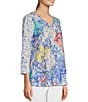 Color:Blue Print - Image 4 - Textured Knit Abstract Print V-Neck 3/4 Sleeve Pop Over Tunic
