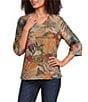 Ali Miles Textured Knit Floral Multi Print V-Neck 3/4 Sleeve Pullover Top - Image 1