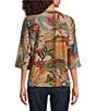 Ali Miles Textured Knit Floral Multi Print V-Neck 3/4 Sleeve Pullover Top - Image 2