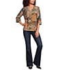 Ali Miles Textured Knit Floral Multi Print V-Neck 3/4 Sleeve Pullover Top - Image 3