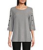 Color:Black - Image 1 - Textured Knit Round Neck 3/4 Sleeve Tunic