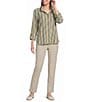 Ali Miles Textured Knit Stripe Point Collar 3/4 Sleeve Top - Image 3