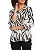 Ali Miles Textured Knit Zebra Print Point Collar 3/4 Sleeve Hi-Low Hem Button-Front Tunic, Color:Multi - Image 1