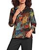 Ali Miles Textured Woven Abstract Multi Print Wire Collar 3/4 Sleeve Button Front Top - Image 1