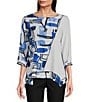 Color:White/Blue - Image 1 - Textured Woven Abstract Print Crew Neck 3/4 Sleeve Asymmetric Hem Tunic