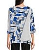 Color:White/Blue - Image 2 - Textured Woven Abstract Print Crew Neck 3/4 Sleeve Asymmetric Hem Tunic