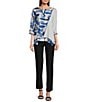 Color:White/Blue - Image 3 - Textured Woven Abstract Print Crew Neck 3/4 Sleeve Asymmetric Hem Tunic