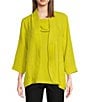 Color:Citron - Image 1 - Textured Woven Stand Collar 3/4 Sleeve Pocketed Asymmetric Hem One Button-Front Jacket