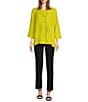 Color:Citron - Image 3 - Textured Woven Stand Collar 3/4 Sleeve Pocketed Asymmetric Hem One Button-Front Jacket