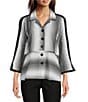 Ali Miles Textured Yarn-Dyed Ombre Stripe Point Collar 3/4 Sleeve Button Front Tunic, Color:Black/White Print - Image 1