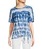 Color:Navy Print - Image 1 - Tie Dye Knit Crew Neck Short Sleeve Tie Front Tunic
