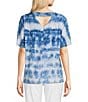 Color:Navy Print - Image 2 - Tie Dye Knit Crew Neck Short Sleeve Tie Front Tunic