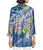 Color:Indigo Print - Image 2 - Woven Abstract Butterfly Printed Point Collar 3/4 Sleeve Button-Front Tunic