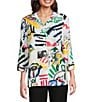 Ali Miles Woven Abstract Doodle Print Wire Collar 3/4 Sleeve Button Front Tunic, Color:Multi - Image 1