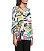 Ali Miles Woven Abstract Doodle Print Wire Collar 3/4 Sleeve Button Front Tunic, Color:Multi - Image 3