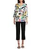 Ali Miles Woven Abstract Doodle Print Wire Collar 3/4 Sleeve Button Front Tunic, Color:Multi - Image 5