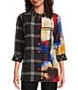 Ali Miles Woven Abstract Multi Checked Stand Collar 3/4 Cuffed Sleeve Button Front Tunic, Color:Abstract Multi - Image 1