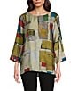 Ali Miles Woven Abstract Multi Print Round Neck 3/4 Sleeve Hi-Low Hem Tunic, Color:Abstract Multi - Image 1