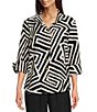 Ali Miles Woven Abstract Print Point Collar 3/4 Sleeve Shirt - Image 1