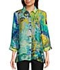 Color:Abstract Multi - Image 1 - Woven Abstract Print Y-Neck 3/4 Cuffed Sleeve Button Front Tunic