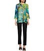 Color:Abstract Multi - Image 3 - Woven Abstract Print Y-Neck 3/4 Cuffed Sleeve Button Front Tunic