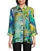 Color:Abstract Multi - Image 1 - Woven Abstract Print Y-Neck 3/4 Cuffed Sleeve Button Front Tunic